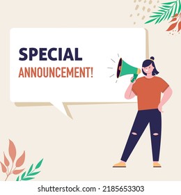 Woman holding megaphone. Speech bubbles with Important Announcement. Loudspeaker. Vector banner for business, marketing and advertising
