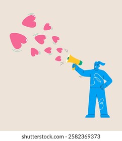 Woman holding megaphone spread love. Spread love concept. Colorful vector illustration

