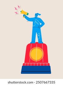 Woman holding a megaphone standing on emergency siren. Colorful vector illustration
