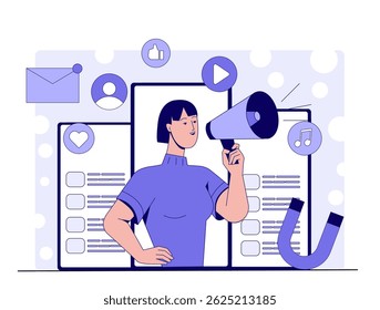 Woman holding megaphone surrounded by digital icons like heart, like, music, and email on abstract digital background, concept of promotion and communication. Vector illustration