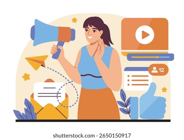 Woman holding megaphone surrounded by icons like envelope, paper plane, video, and thumbs up on light background. Concept of online promotion. Vector illustration