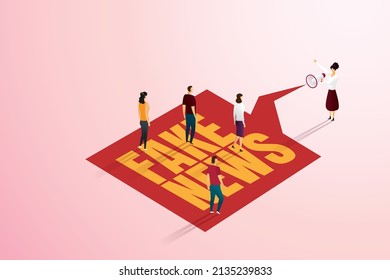 Woman Holding A Megaphone Telling People Fake News And Propaganda. Publicity Of False Information Online Information. Isometric Vector Illustration.