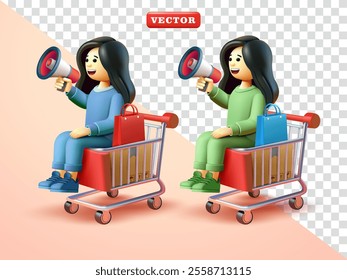 Woman holding megaphone while sitting on trolly. 3d vector suitable for, promotion, advertising and design elements