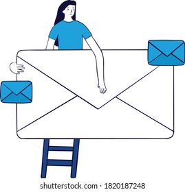 Woman holding message envelope Illustration. Women standing on ladder Vector. Woman sending message illustration.