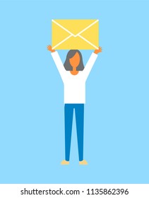 Woman holding message icon, developing computer system of communication, lady and e-mail letter in hands above her isolated on vector illustration