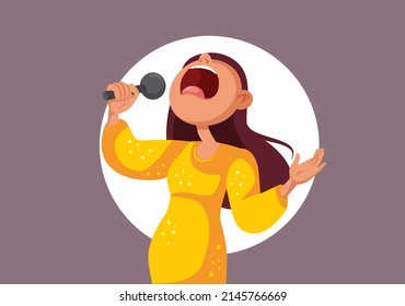 
Woman Holding Microphone Singing Loud Music Vector Cartoon. Talented singer performing live in a concert on stage
