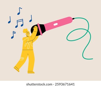 Woman holding microphones big singing a song. Colorful vector illustration
