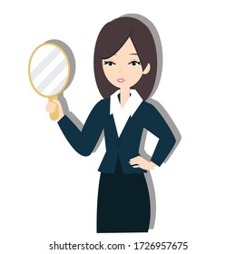 Woman holding the mirror  concept on white background. Creative idea design. Flat vector illustration for template, brochure or presentation.