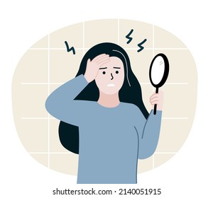 Woman holding mirror and worrying about grey hair on head. Early aging, maturity, beauty, hair care, treatment, lifestyle concept. Flat character vector design illustration.