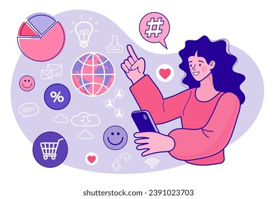 Mujer sosteniendo el móvil. Aplicación móvil para análisis de datos y contabilidad. Administración de archivos. Protección de datos del usuario. Gestión electrónica de documentos. Aplicación de finanzas y administración con gráficos. vector
