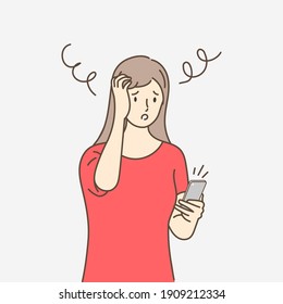 ํYํoung woman holding mobile and grabbed her head with headache. Hand draw style. Vector illustration.