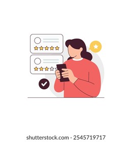 A woman holding a mobile phone is giving feedback to a seller in an online store. Online shop flat vector illustration concept