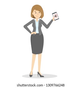 Woman holding mobile phone in hand. Silence symbol on the screen. Turn off sound on the device. Vector illustration in cartoon style