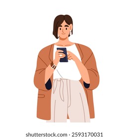 Woman holding mobile phone in hand. Female using smartphone, browsing internet, texting, messaging online. Happy person looking on cellphone. Flat vector illustration isolated on white background