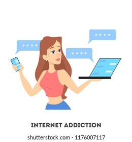 Woman holding mobile phone and laptop computer and chatting with friends in social network. Internet addiction. Global technology problem. Isolated vector illustration in cartoon style.