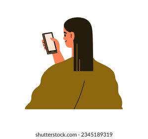 Woman holding mobile phone, looking at smartphone screen. Person with cellphone in hand, reading, scrolling social media, back view. Flat graphic vector illustration isolated on white background