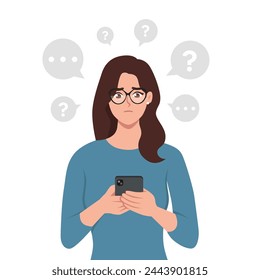 Woman holding mobile phone with question mark looking up with thoughtful. Flat vector illustration isolated on white background