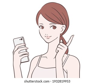 A woman holding a mobile phone and raising her index finger 