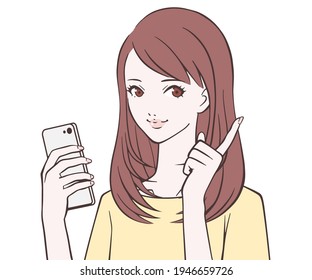 A woman holding a mobile phone and raising her index finger 