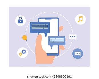Woman holding mobile phone reading text, lock, settings, ideas, music and chat. Technology with various applications. Character design. Vector flat illustration