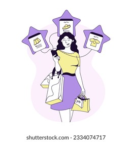 Woman holding mobile phone and selecting clothes in application. Young people doing online shopping concept. Modern shopping via gadgets. Flat vector illustration in blue and red colors