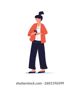 Woman holding mobile phone. Young female character standing with smartphone in hands, smiling and using gadget. Positive girl with cellphone. Flat vector illustration isolated on white background