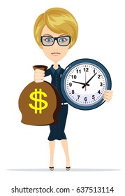 Woman holding a money bag and clock. Smiling businessman carrying big heavy sack full of cash money with dollar sign on it. Flat style modern vector illustration isolated on white background.