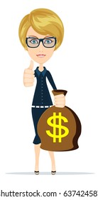 Woman holding money bag. Smiling businessman carrying big heavy sack full of cash money with dollar sign on it. Flat style modern vector illustration isolated on white background.