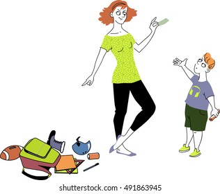 Woman holding a money bill and pointing at a pile of boy's things on the floor, urging her sun to do chores for money