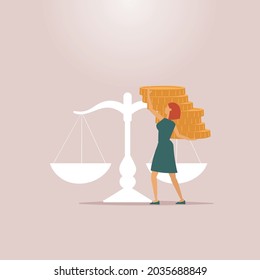 Woman holding money coins balance justice symbol. The cost of a lawyer and the price for justice very high. Financial challenges when fighting for  your and companies rights. Expansive price.