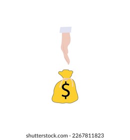 Woman holding a lot of money. Hand holding a money bag icon. Vector illustration in flat style.