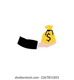 Woman holding a lot of money. Hand holding a money bag icon. Vector illustration in flat style.