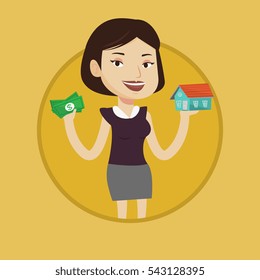 Woman holding money and model of house symbolizing loan for house. Woman got loan for buying a new house. Real estate loan concept. Vector flat design illustration in the circle isolated on background
