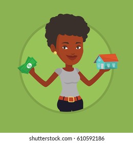 Woman holding money and model of house. Woman having loan for house. Woman got loan for buying a house. Real estate loan concept. Vector flat design illustration in the circle isolated on background.