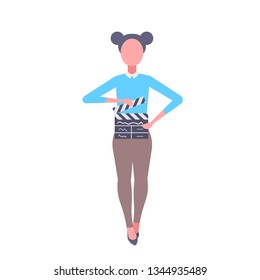 woman holding movie clapper girl making video  