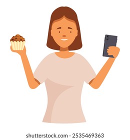 Woman is holding a muffin in one hand and showing a smartphone screen in the other hand