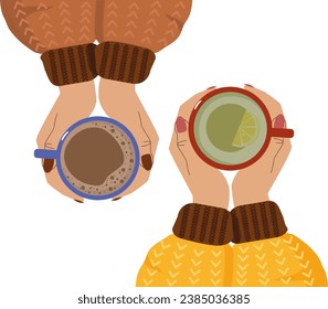 Woman holding a mug of coffee, a girl holding a cup of tea. Concept of cozy winter with a cup of coffee, tea. Set of women hands holding drinks, Vector illustration on white background