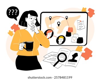 Woman holding a mug, thinking with a puzzled expression, analyzing clues on a board with maps and s. Puzzle pieces around. Investigation concept. Vector illustration