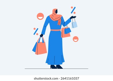 A woman holding multiple shopping bags with a satisfied look after grabbing discounts