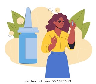 Woman holding a nasal spray bottle, emphasizing healthcare, surrounded by abstract leaves on a soft background. Concept of health and wellness. Vector illustration