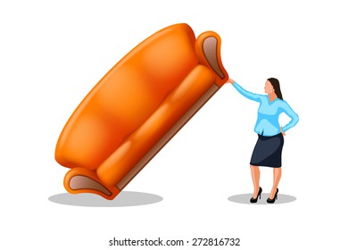 woman holding new couch by one hand on white