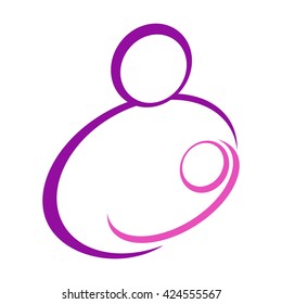 Woman holding newborn baby in arms, abstract illustration of mother breastfeeding child. Lactation consultant logo, maternal care icon, adoption symbol. Line drawing, vector