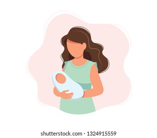 Woman holding newborn baby, concept vector illustration in cute cartoon style, health, care, maternity
