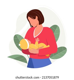 Woman holding a newborn baby. Happy pregnancy and parenthood concept vector illustration in cartoon style. Mother holding her baby son in her arms. Happy Mothers Day greeting card.