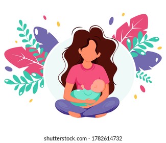 Woman holding newborn baby. Motherhood concept. Mother's day. Vector illustration in flat style.