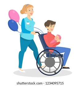 Woman holding newborn baby and sitting in wheel chair. Young mother with child. Childbirth concept. Isolated vector illustration in cartoon style