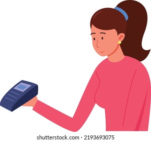 Woman holding NFC device. Mobile payment card reader isolated on white background