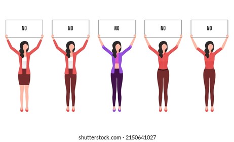  Woman Holding No Sign Board Flat Character Illustration, People Holding Board Business Character Vector Illustration On White Background. 