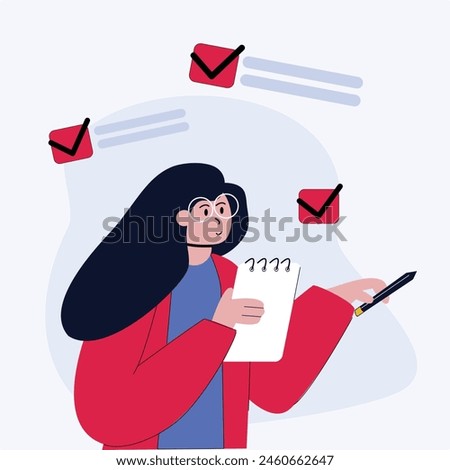 woman holding a note book checking off her to do list. describes monthly plans, time management and productivity