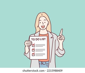 Woman holding a notebook with written words To do list. Hand drawn style vector design illustrations.